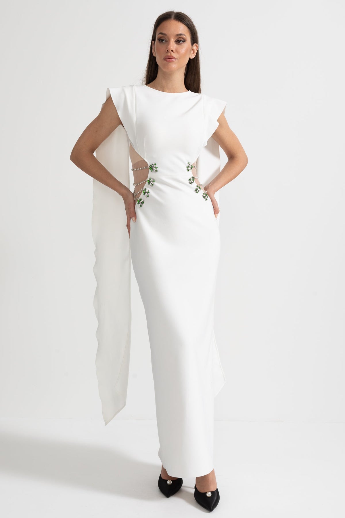 Cut Out Side Crystal Floral Ruffle Cape Back Sleeveless Maxi Gown - View 3