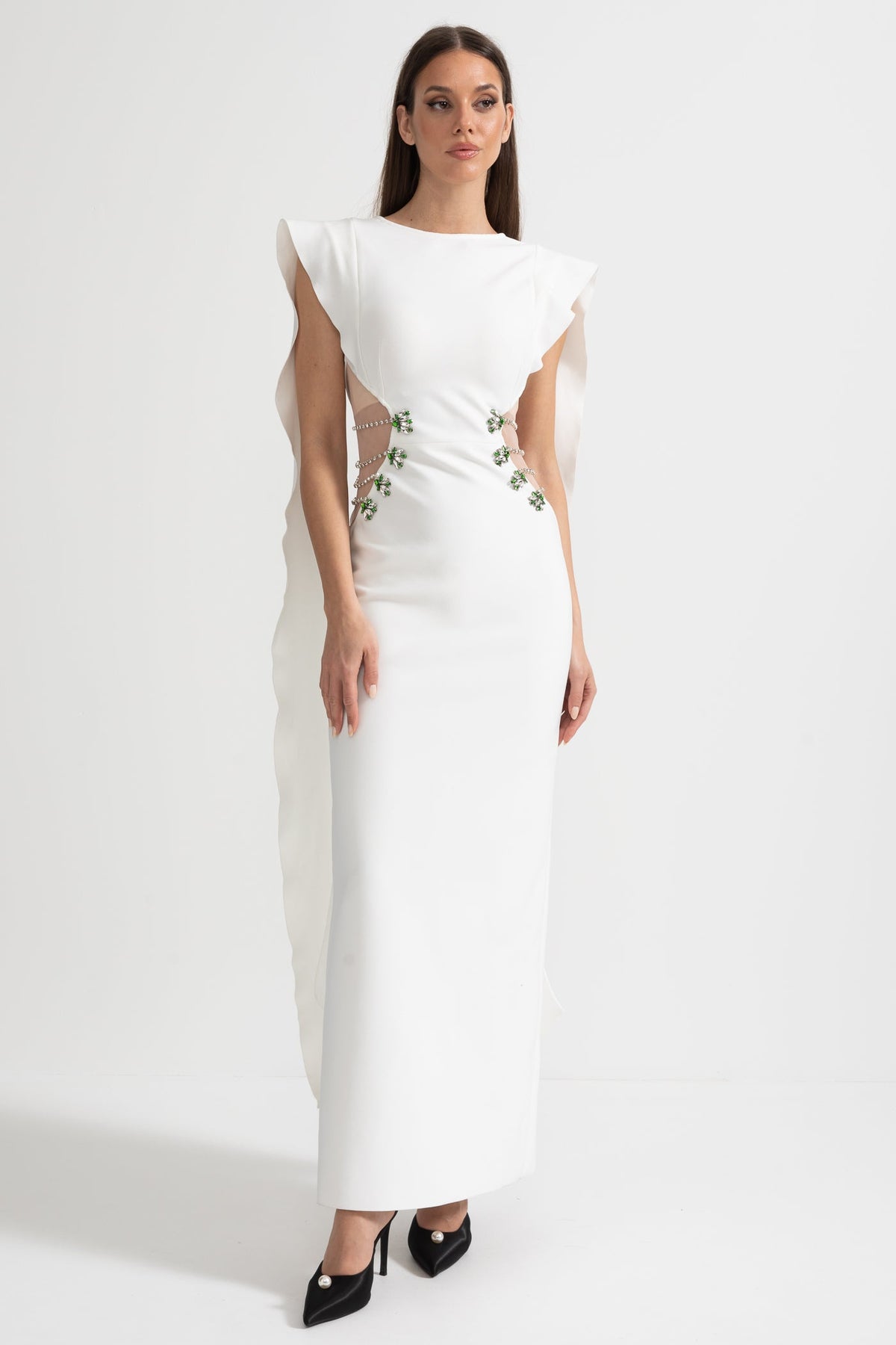 Cut Out Side Crystal Floral Ruffle Cape Back Sleeveless Maxi Gown - View 6