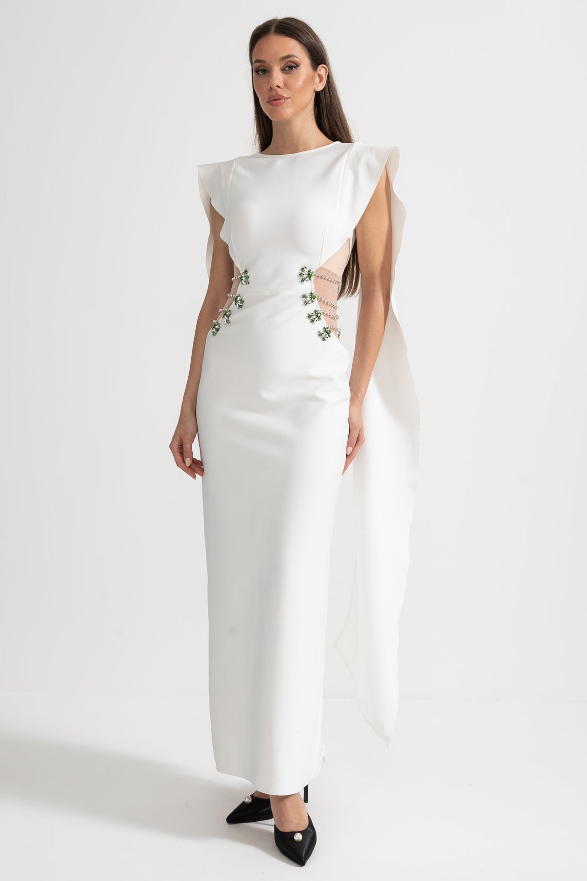 Cut Out Side Crystal Floral Ruffle Cape Back Sleeveless Maxi Gown - View 5
