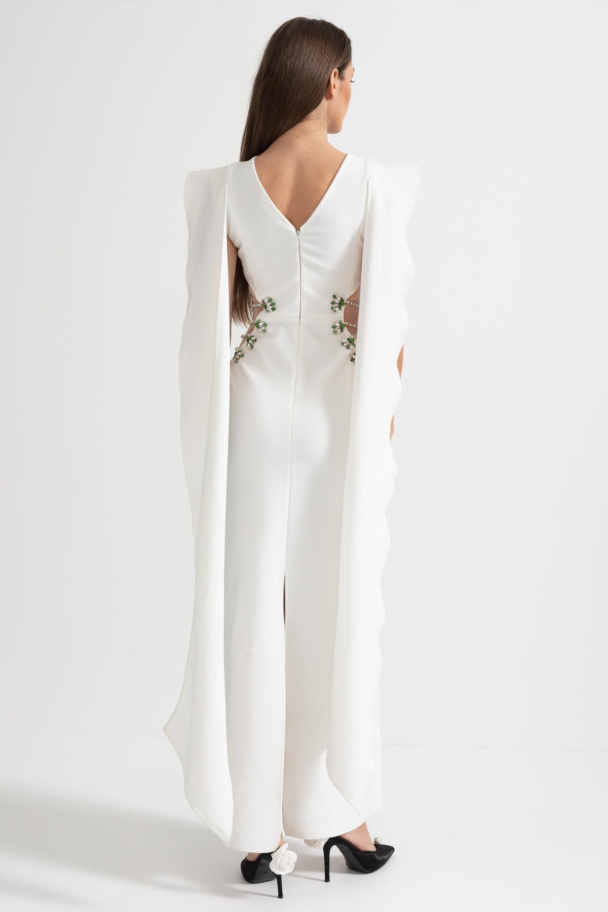 Cut Out Side Crystal Floral Ruffle Cape Back Sleeveless Maxi Gown - View 2