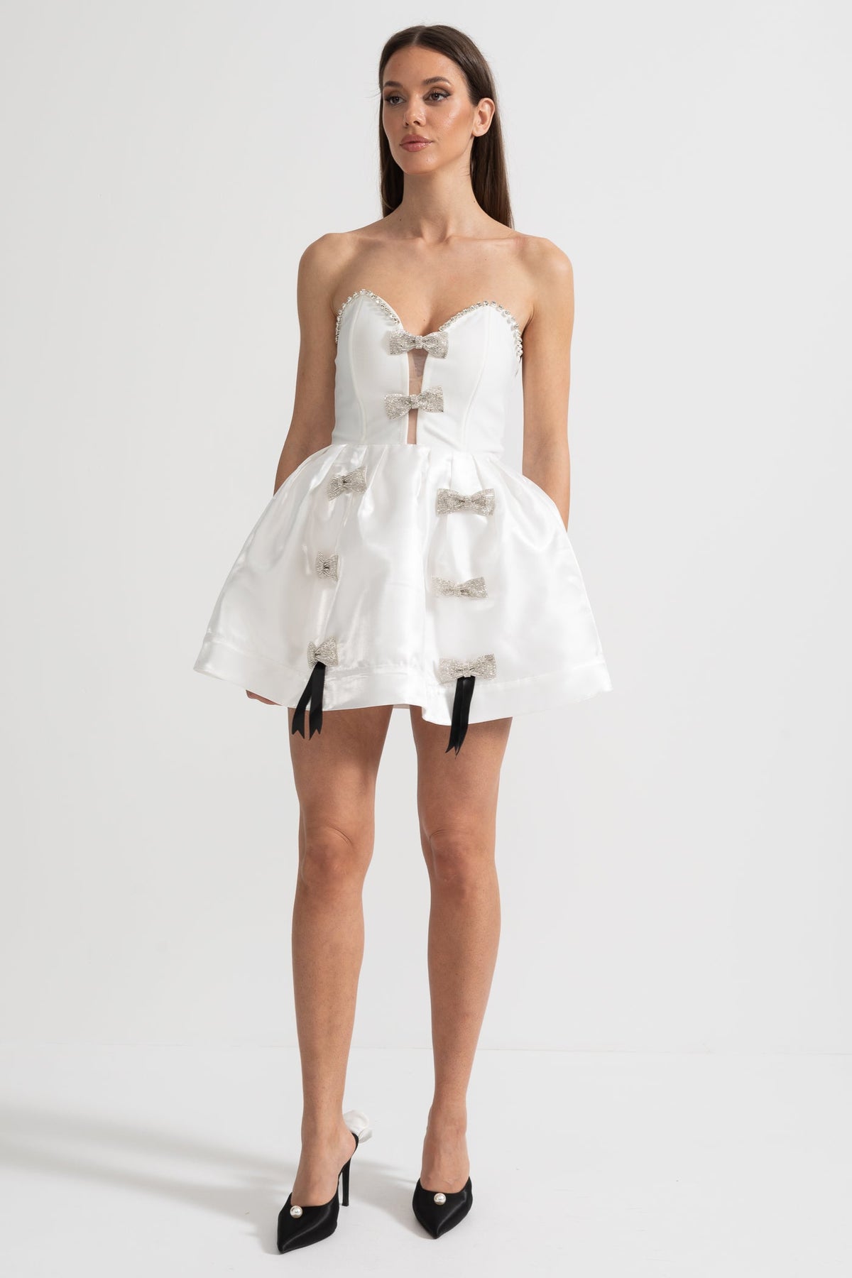 Strapless Mini Dress with Crystal Bow Embellishments - White - View 7