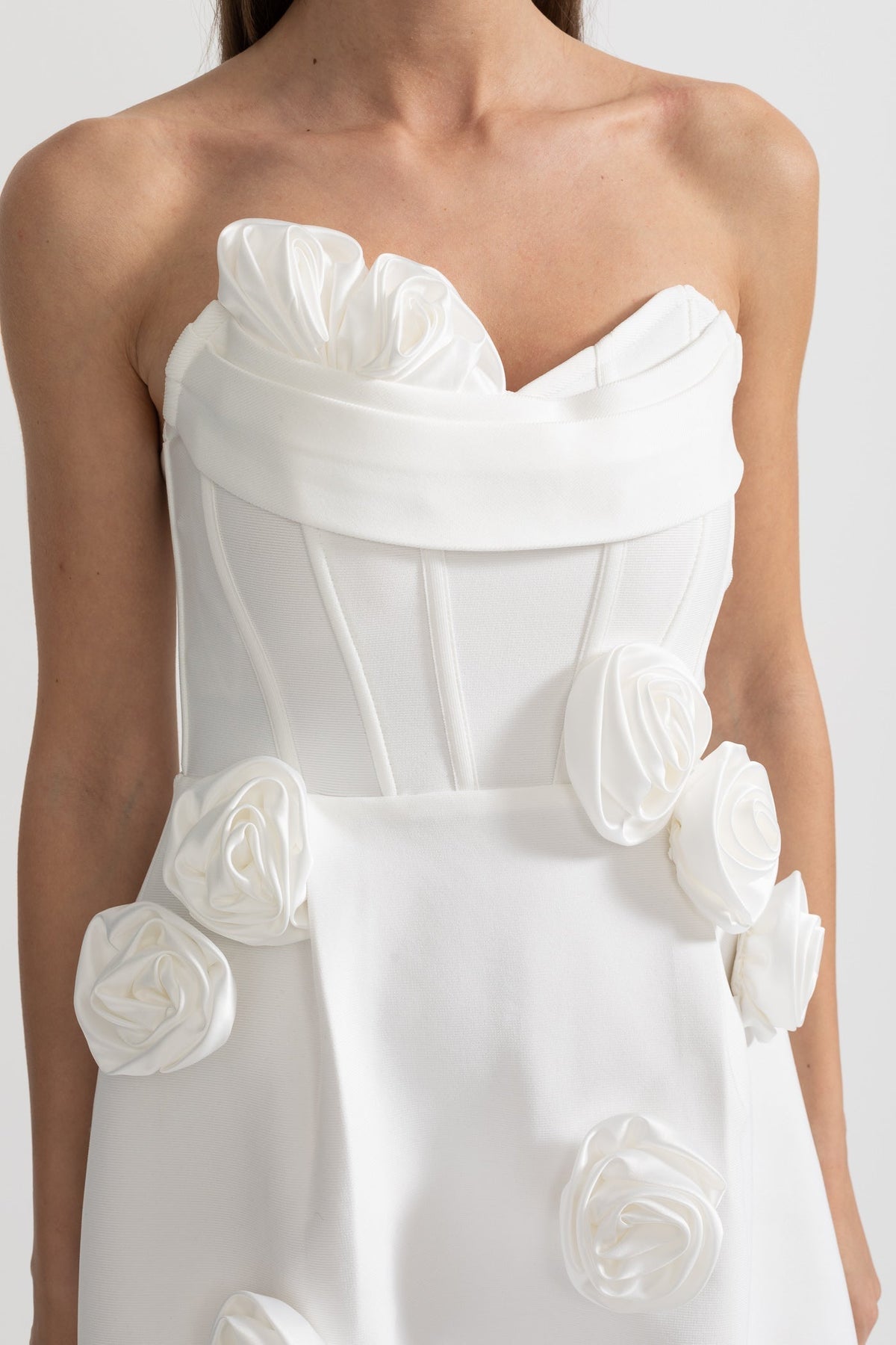 Strapless Mini Dress with Sculptural Floral Appliqués - White - View 2