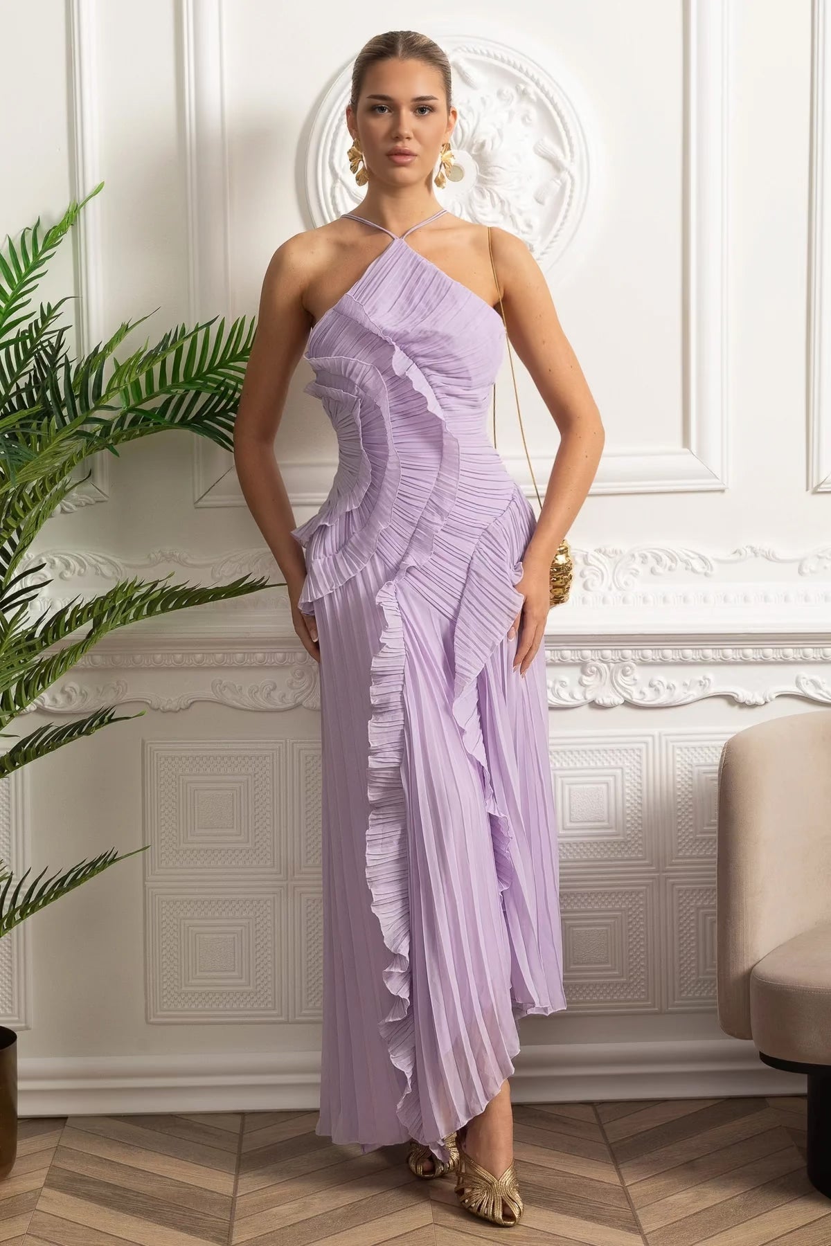 Pleated Halter Midi Dress With Cascading Ruffle Details - Lavender - View 4
