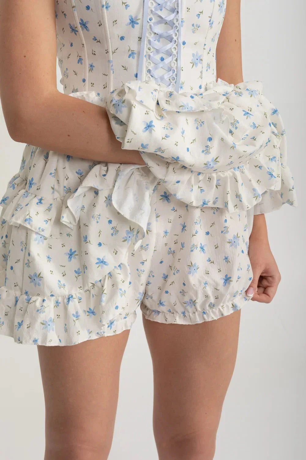 Corset Mini Dress With Ribbon Lacing Detail And Multi-Layered Ruffled Skirt - White/Blue - View 10