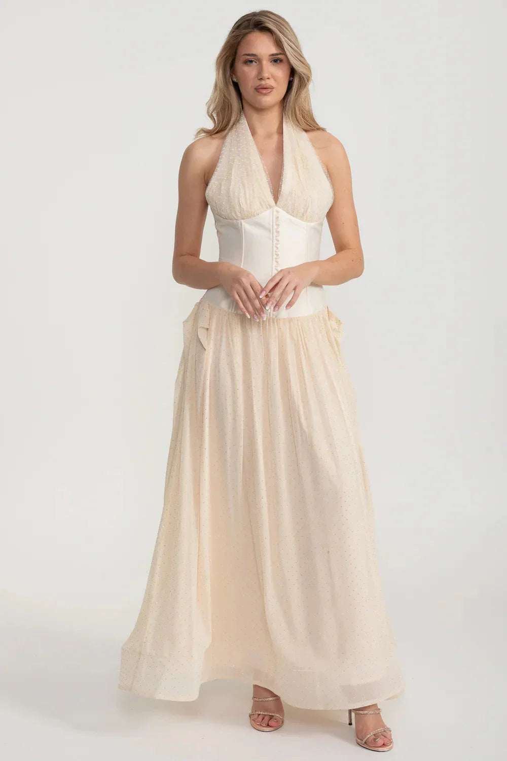 Halter Neck Plunge Corset Glitter Tulle Maxi Gown 4