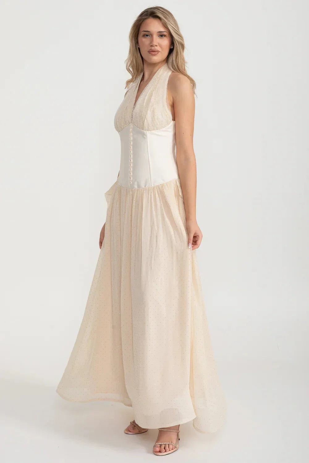 Halter Neck Plunge Corset Glitter Tulle Maxi Gown 6