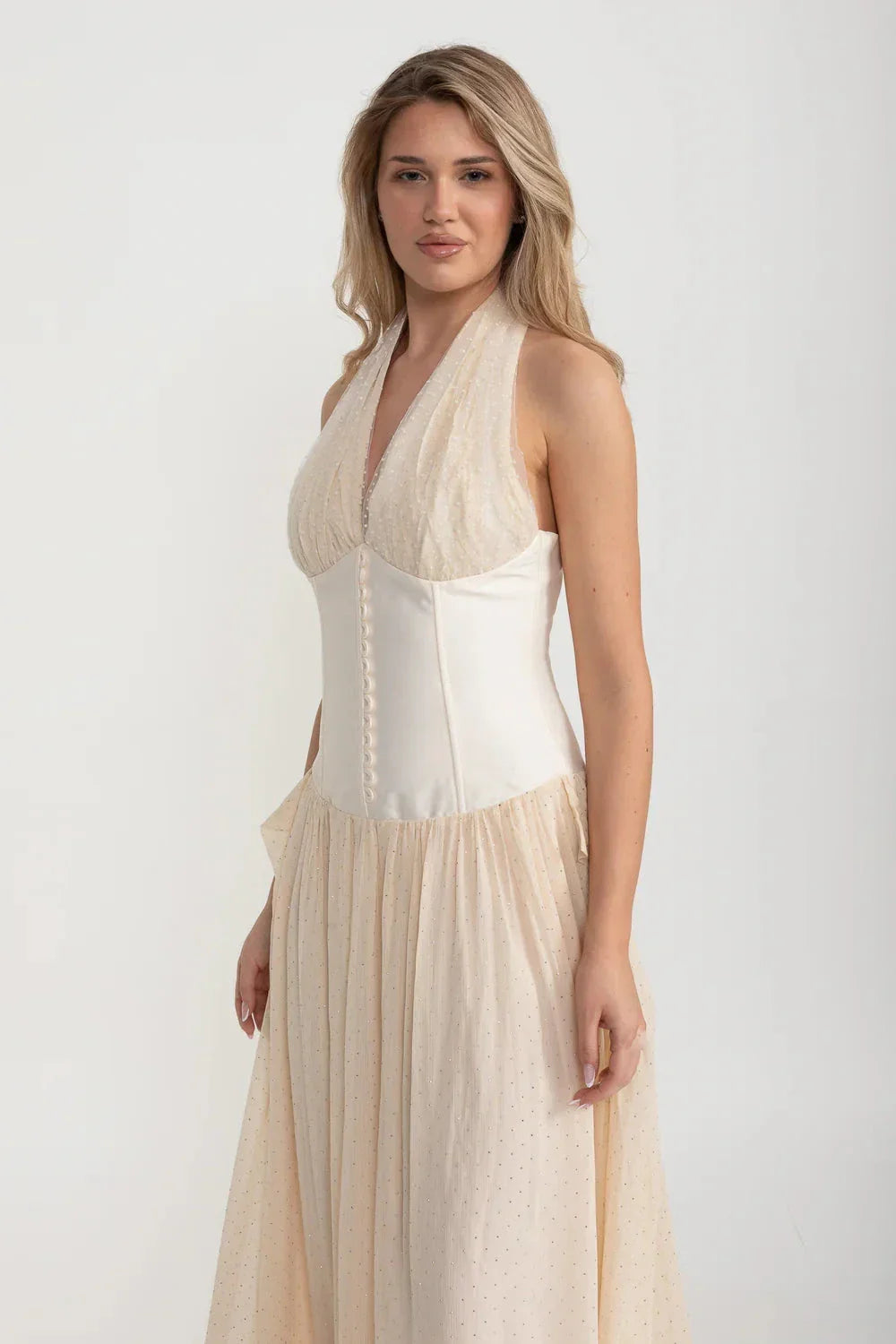 Halter Neck Plunge Corset Glitter Tulle Maxi Gown 7