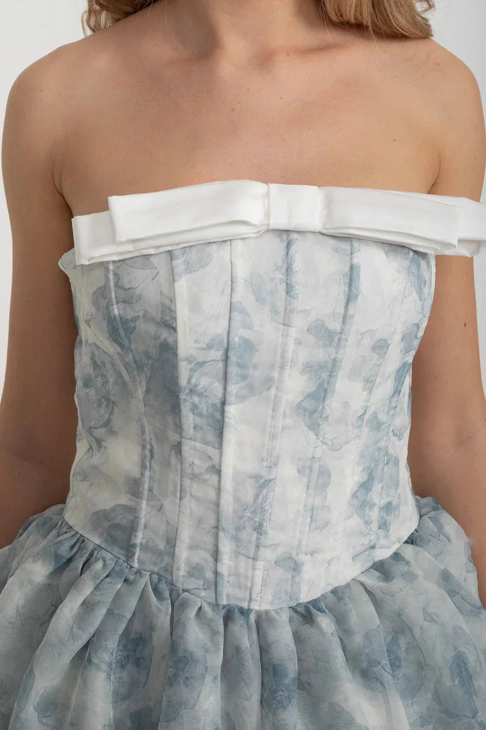 Elegant Corset Mini Dress With Layered Sheer Skirt And Pastel Floral Pattern - White/Blue - View 4