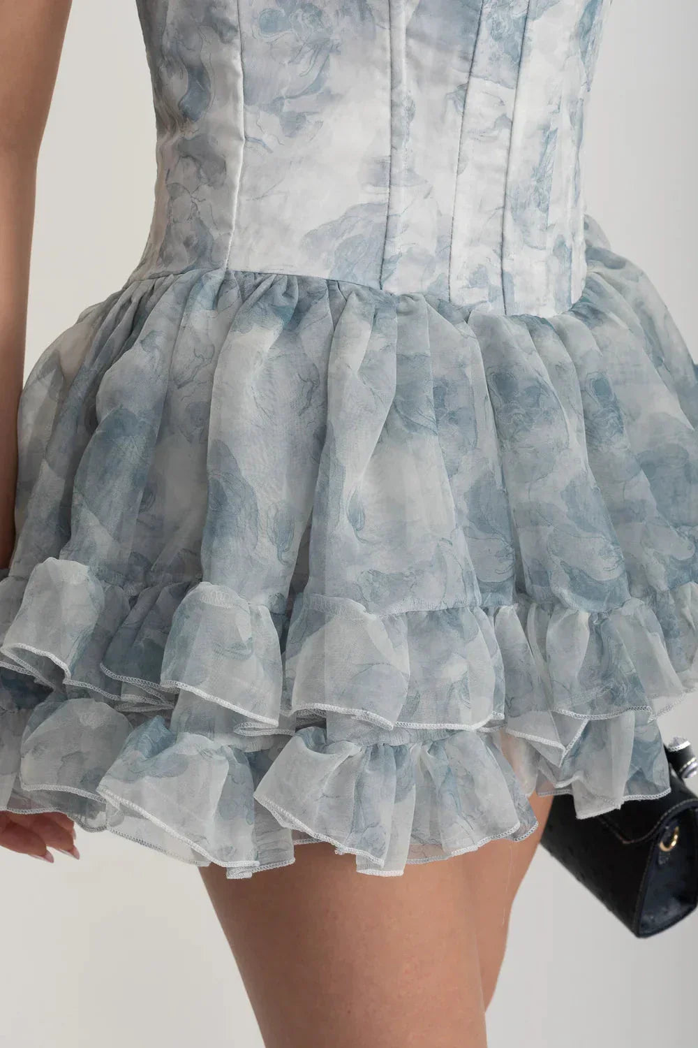 Elegant Corset Mini Dress With Layered Sheer Skirt And Pastel Floral Pattern - White/Blue - View 5