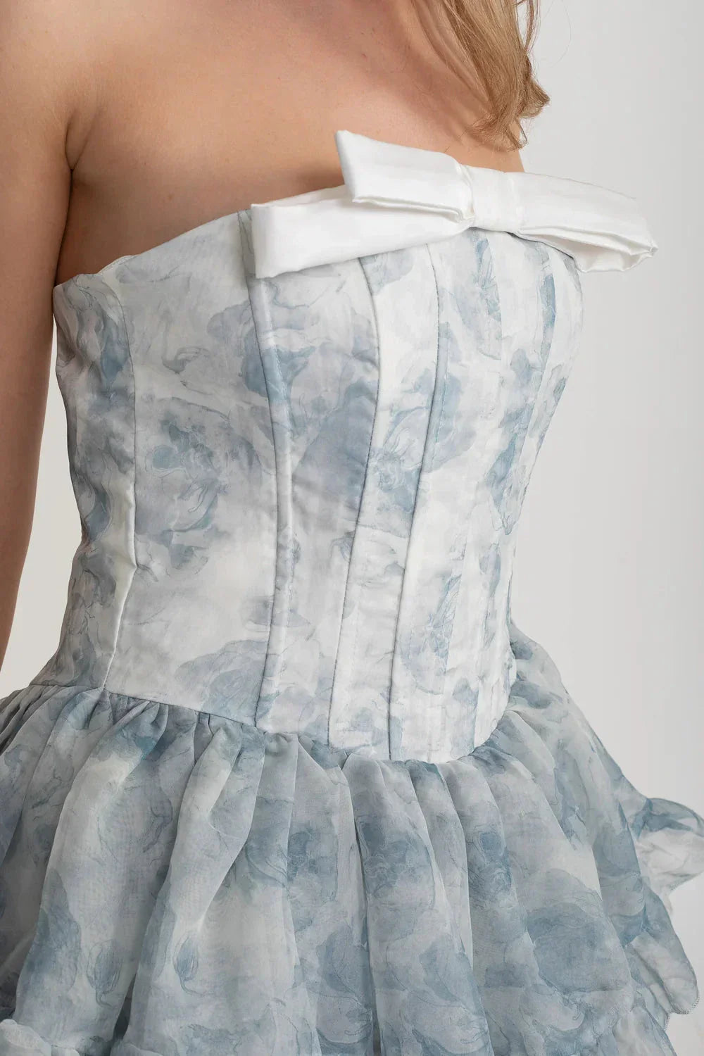 Elegant Corset Mini Dress With Layered Sheer Skirt And Pastel Floral Pattern - White/Blue - View 6