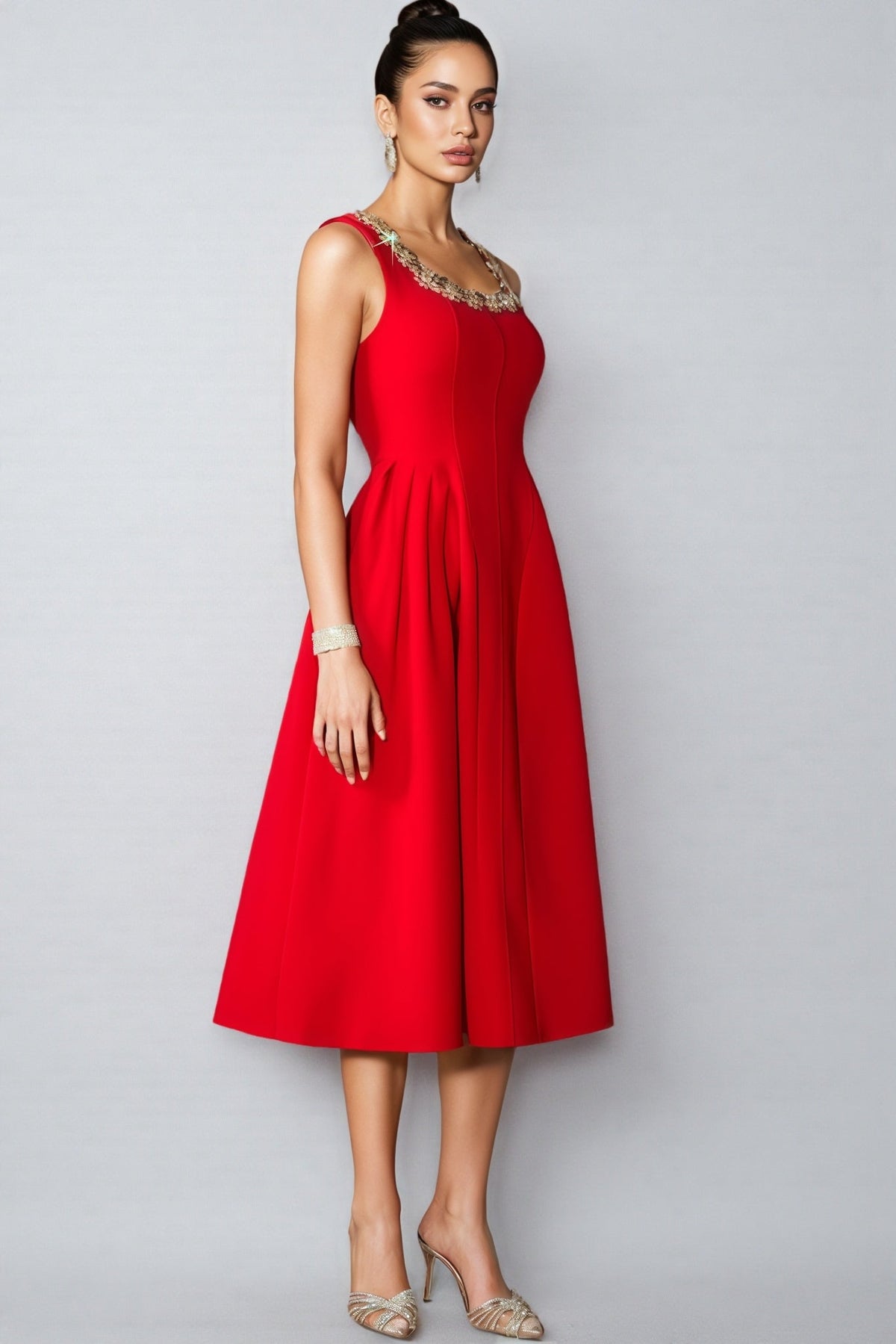 Crystal Trim Scoop Neck Sleeveless Pleated A-Line Midi Dress - View 2