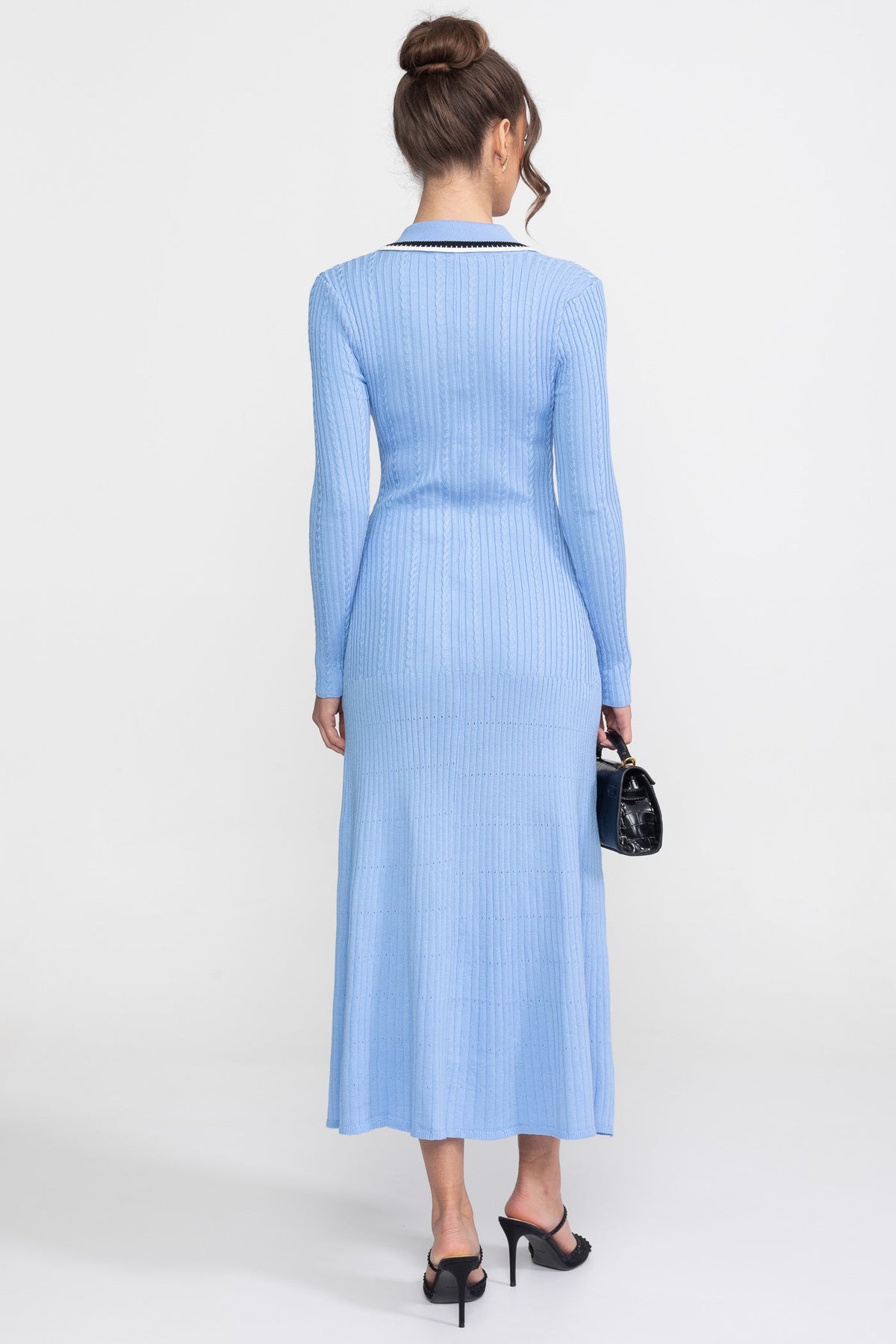Long Sleeve Knit Midi Dress With Polo Collar And Monogram Patch - Blue - View 5