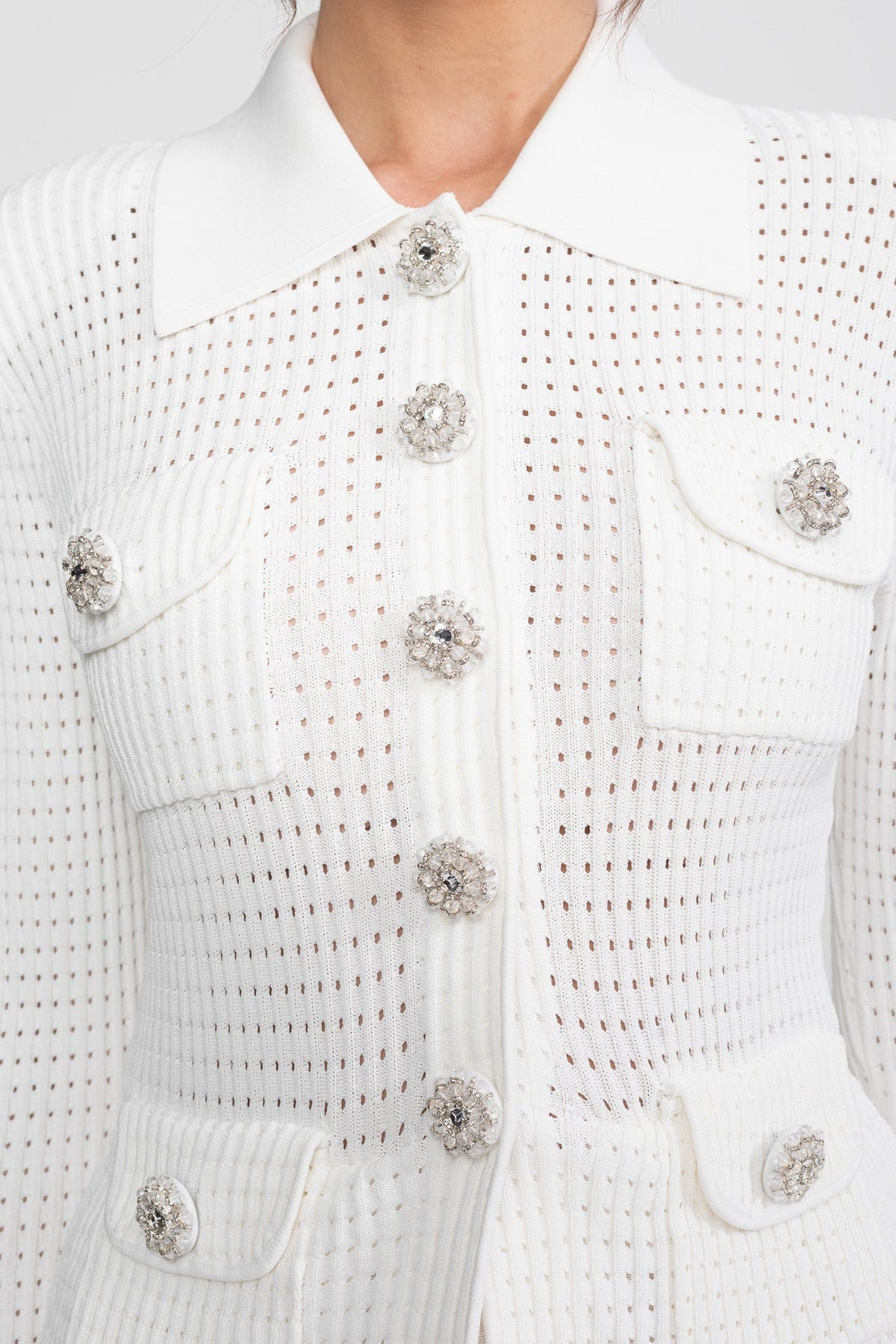 Open-Knit Dress with Pleated Midi Skirt - White - View 6
