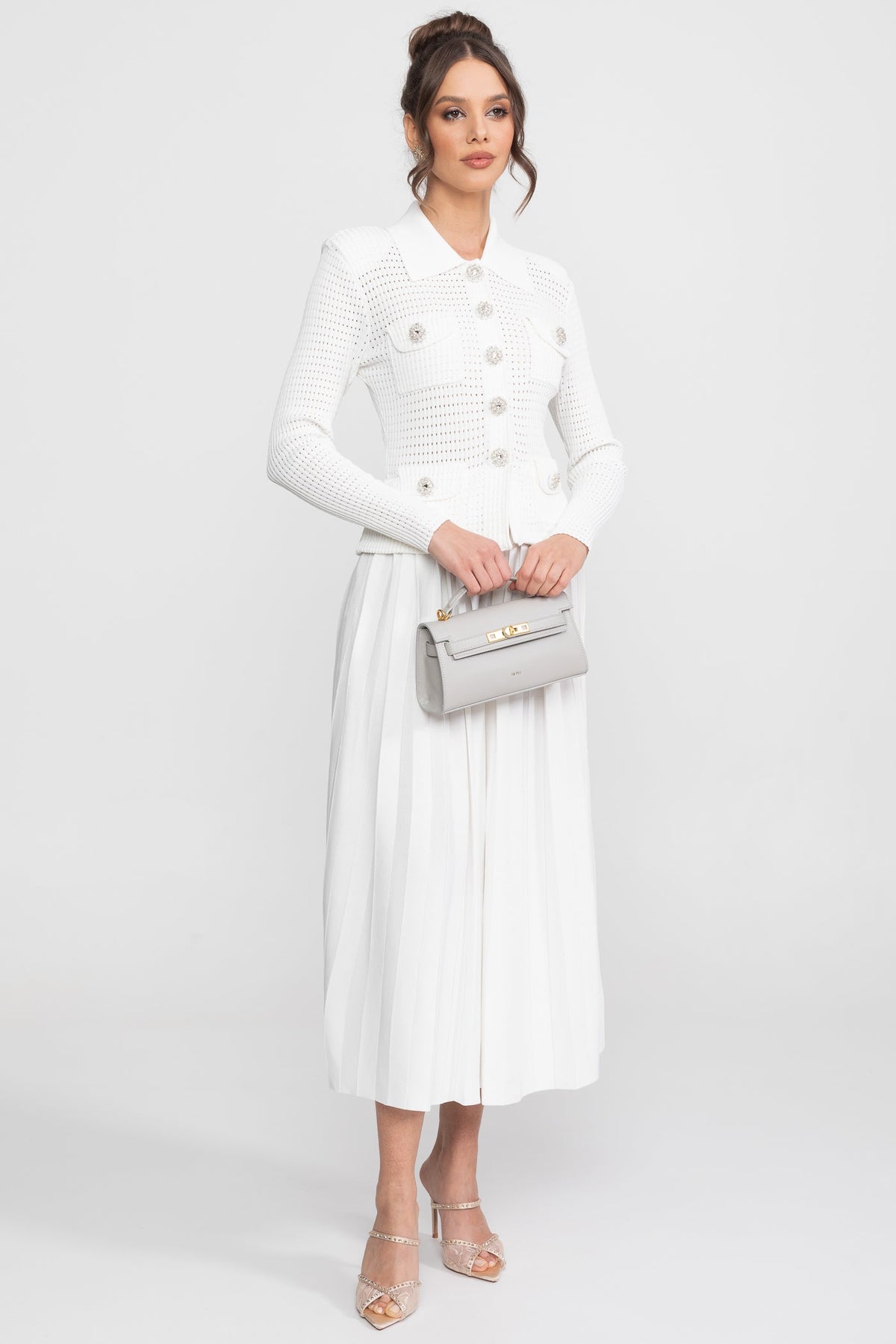 Open-Knit Dress with Pleated Midi Skirt - White - View 4