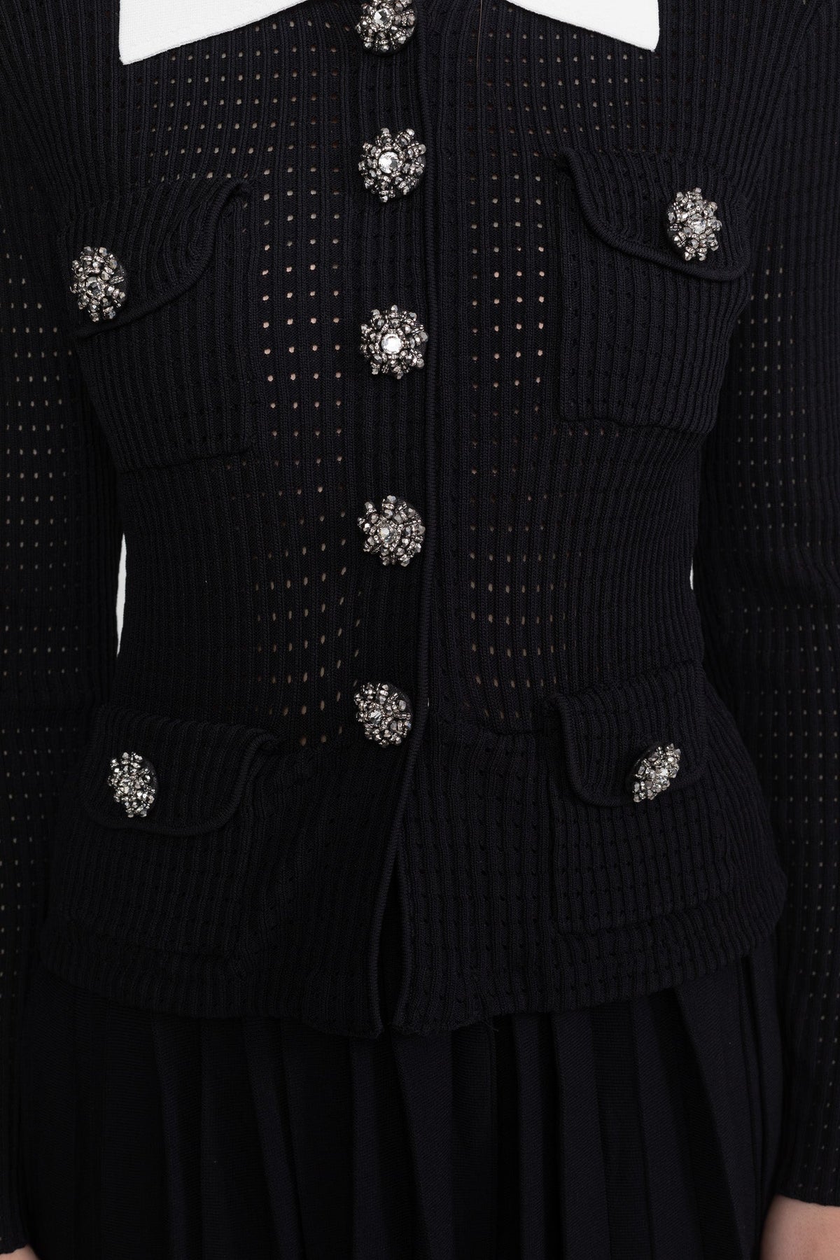 Open-Knit Dress with Pleated Midi Skirt - Black - View 7