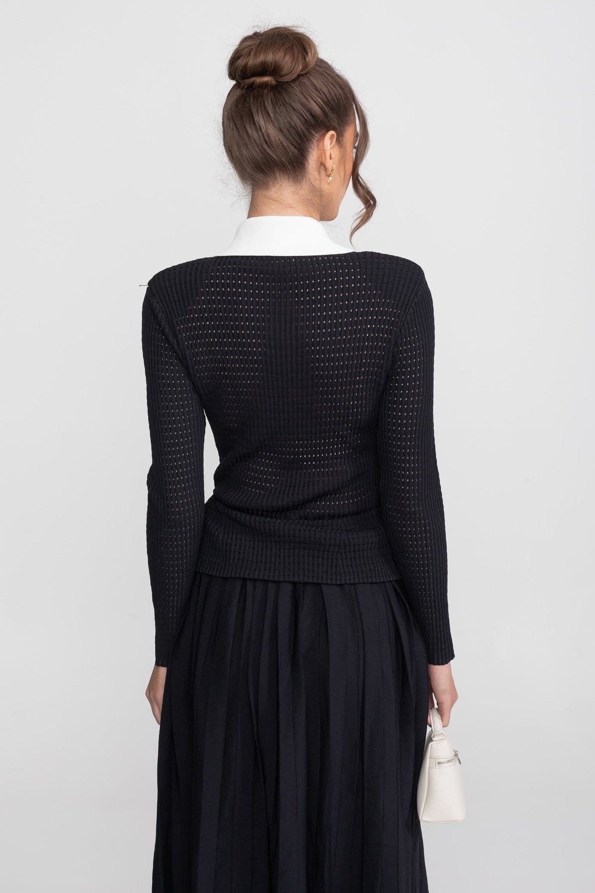 Open-Knit Dress with Pleated Midi Skirt - Black - View 8