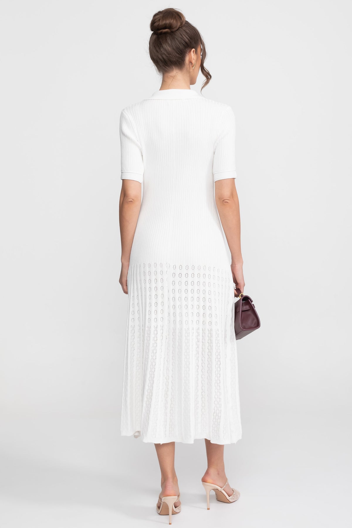 Ribbed Knit Midi Dress With Peter Pan Collar And Pleated Skirt - White - View 8