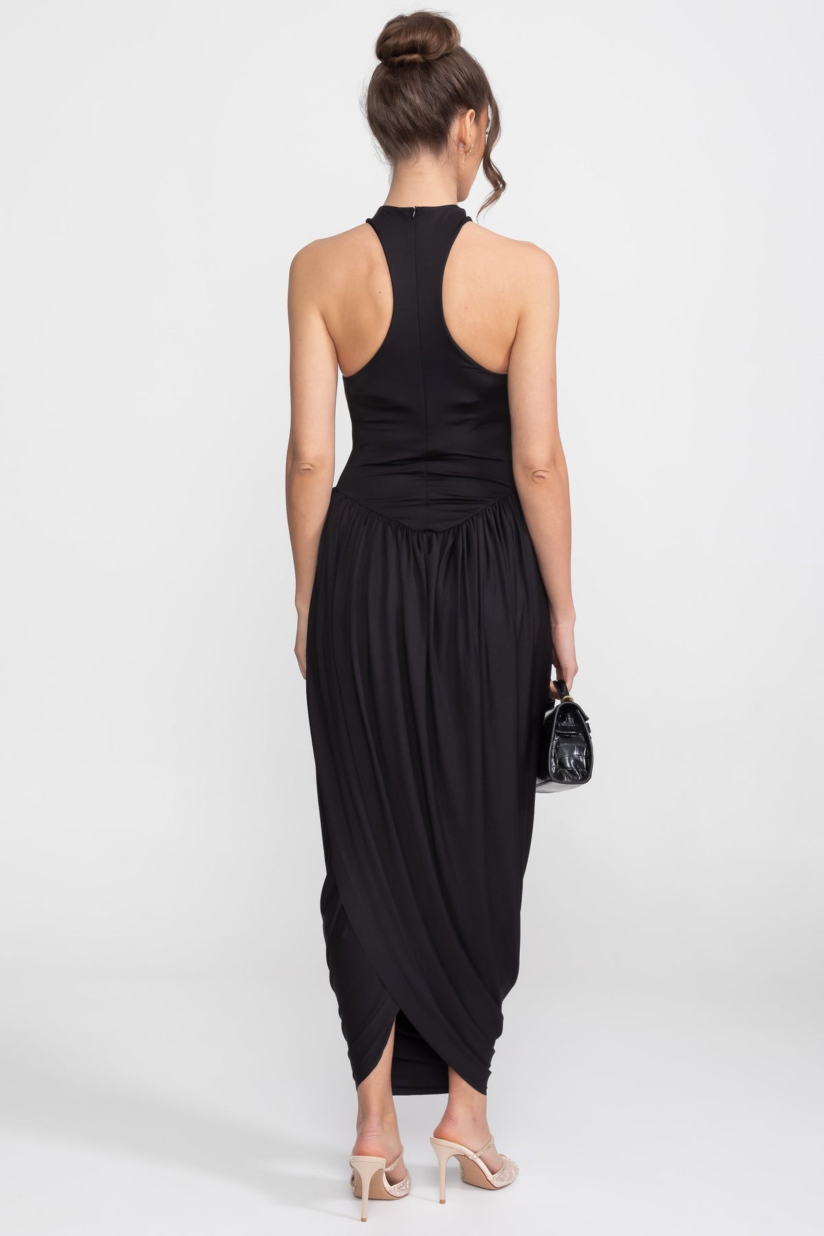 Halter-Neck Maxi Dress With Gathered Balloon Skirt - Black - View 5
