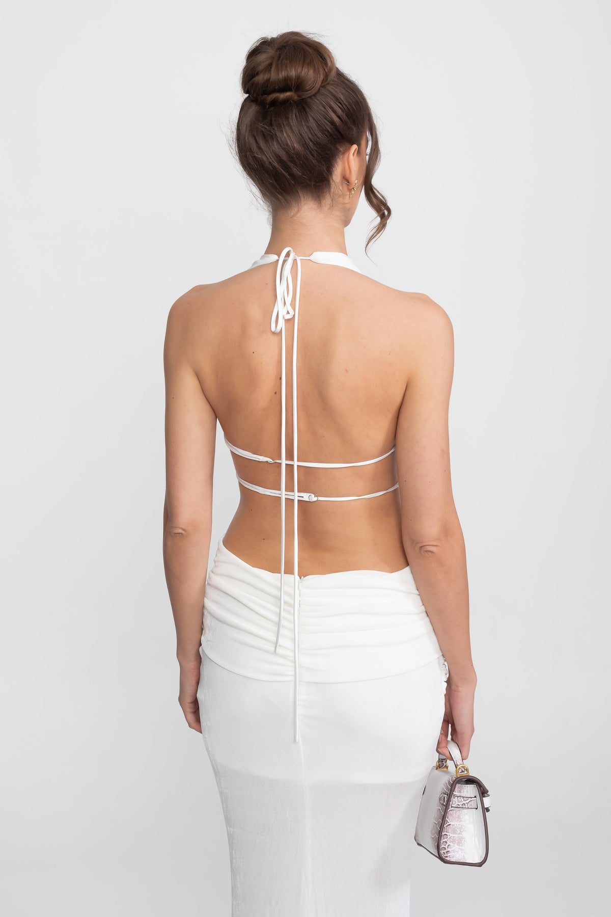 Draped Halter Gown With Ruched Side Tie Detail - White - View 14