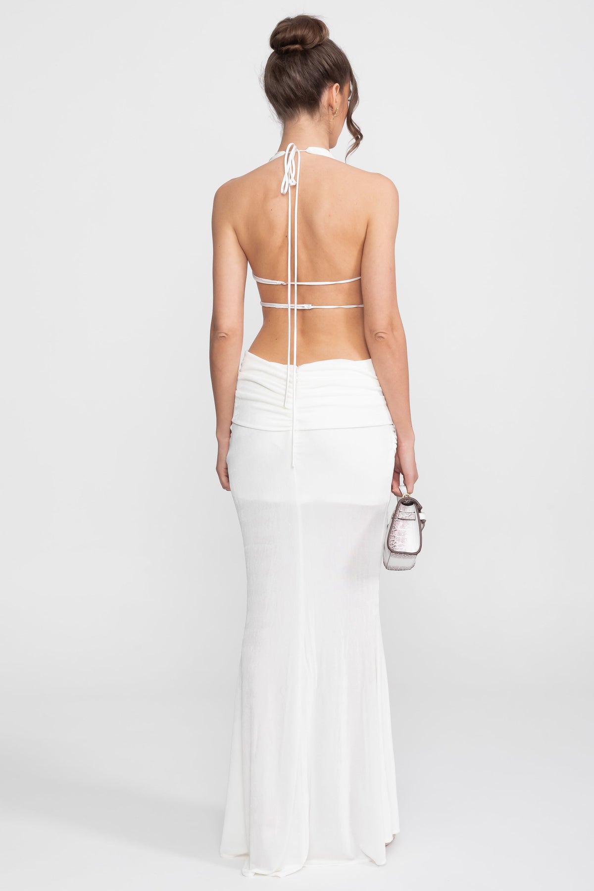 Draped Halter Gown With Ruched Side Tie Detail - White - View 15