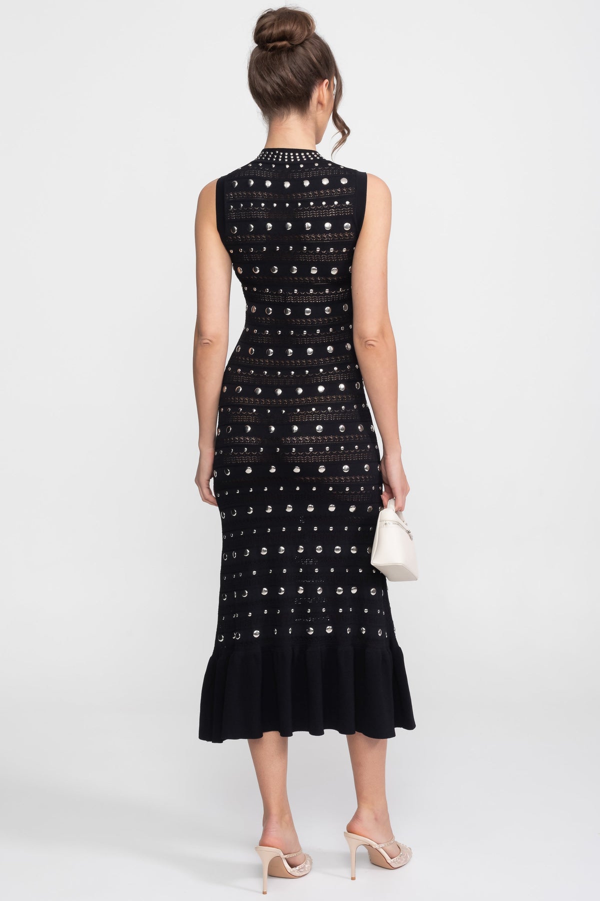 Embellished Knit Midi Dress With High Neck And Ruffle Hem - Black - View 6