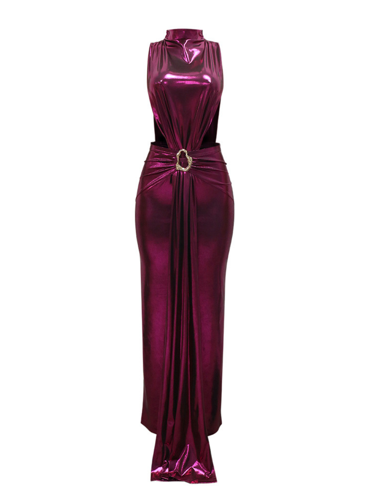 Metallic Side Cut Out Draped Mock Neck Sleeveless Maxi Gown - View 7