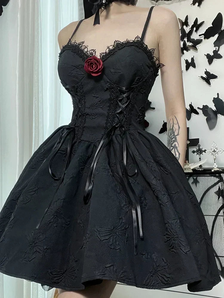 Goth Print Rose Lace Up A Line Fairy Grunge Backless Party Dress - View 2