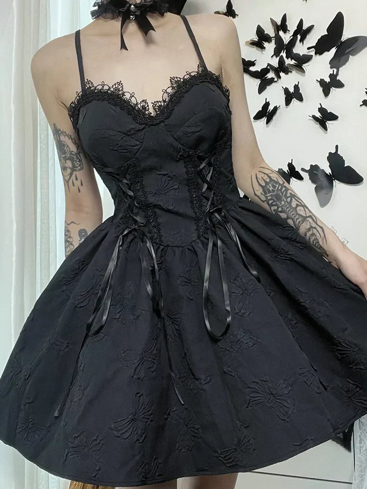 Goth Print Rose Lace Up A Line Fairy Grunge Backless Party Dress - View 5