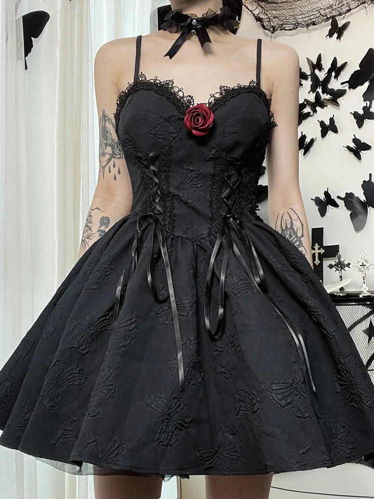 Goth Print Rose Lace Up A Line Fairy Grunge Backless Party Dress - View 7