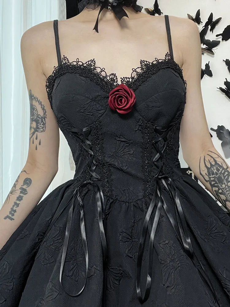 Goth Print Rose Lace Up A Line Fairy Grunge Backless Party Dress - View 3