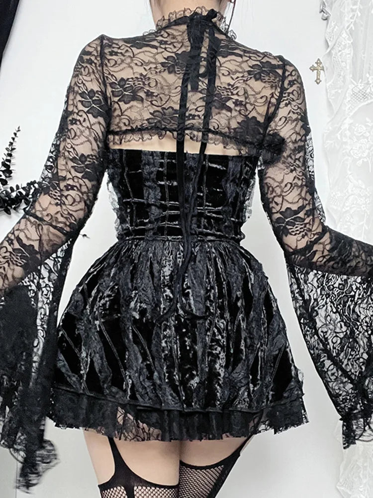 Velvet Halter Neck Lace Up Corset Tiered Ruffle Mini Dress - View 6