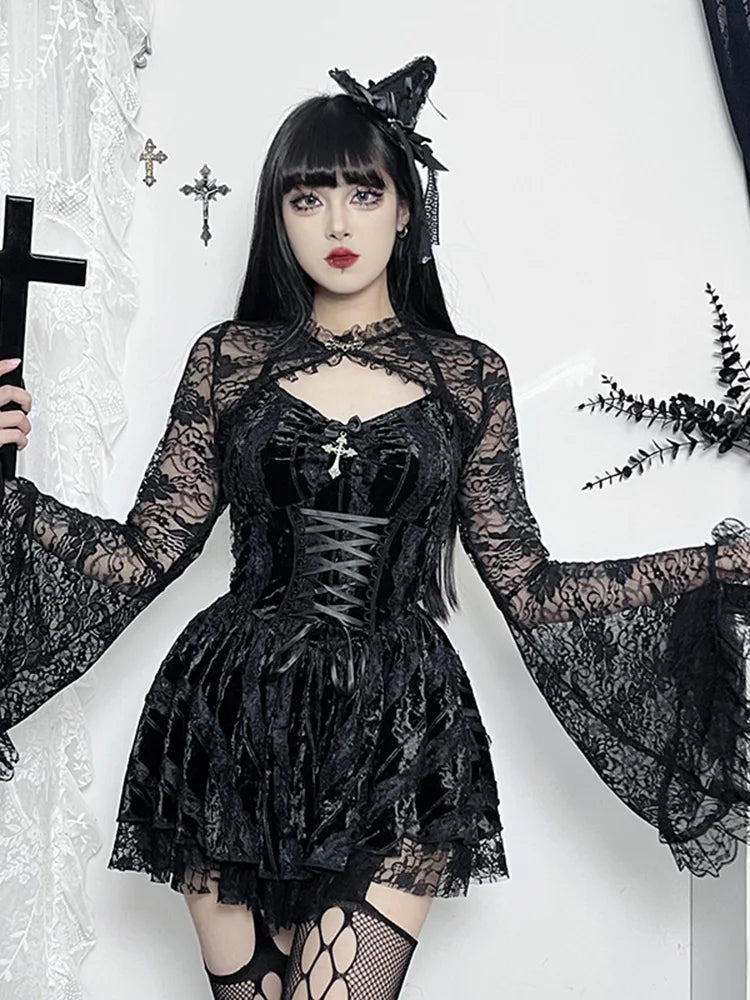 Velvet Halter Neck Lace Up Corset Tiered Ruffle Mini Dress - View 2