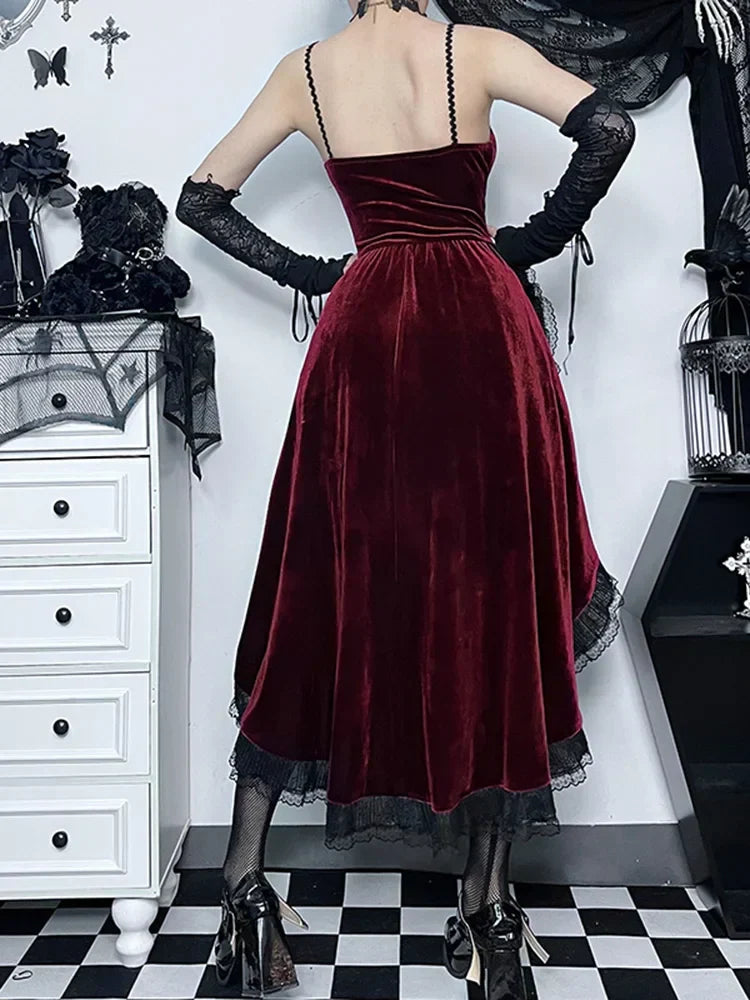 Velvet Sweetheart Spaghetti Strap Corset Ruffle High Low Dress - View 3