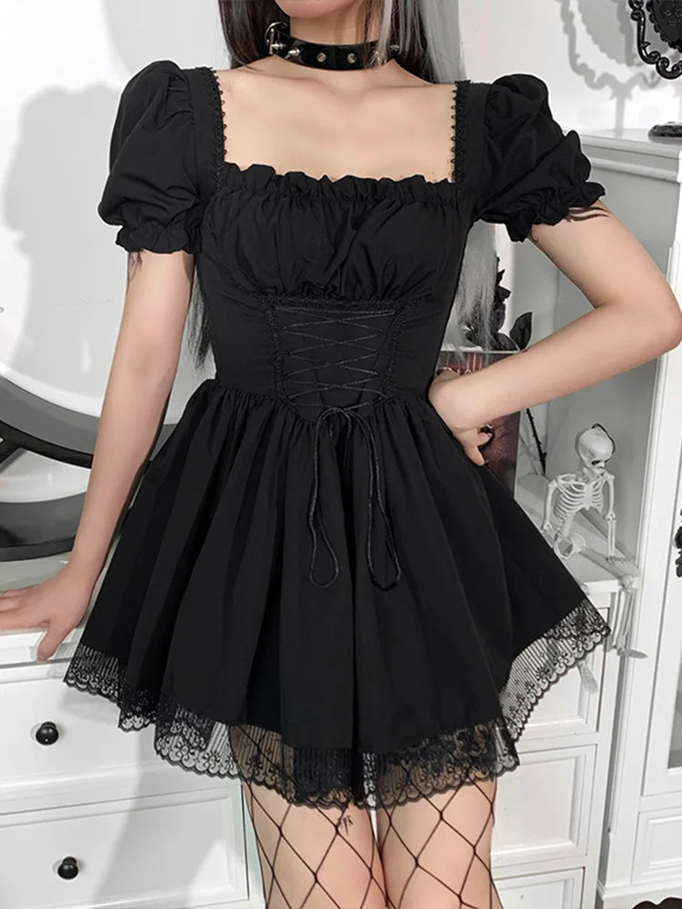 Corset Lace Up Square Neck Puff Sleeve Lace Trim Mini Dress - View 7