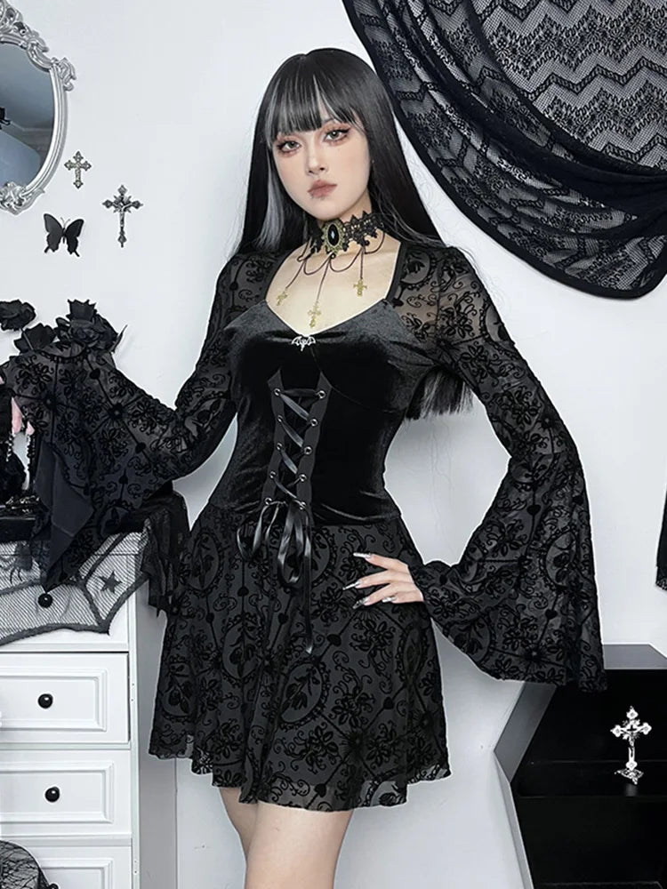 Velvet Sweetheart Bell Sleeve Lace Up Corset Fit and Flare Mini Dress - View 2