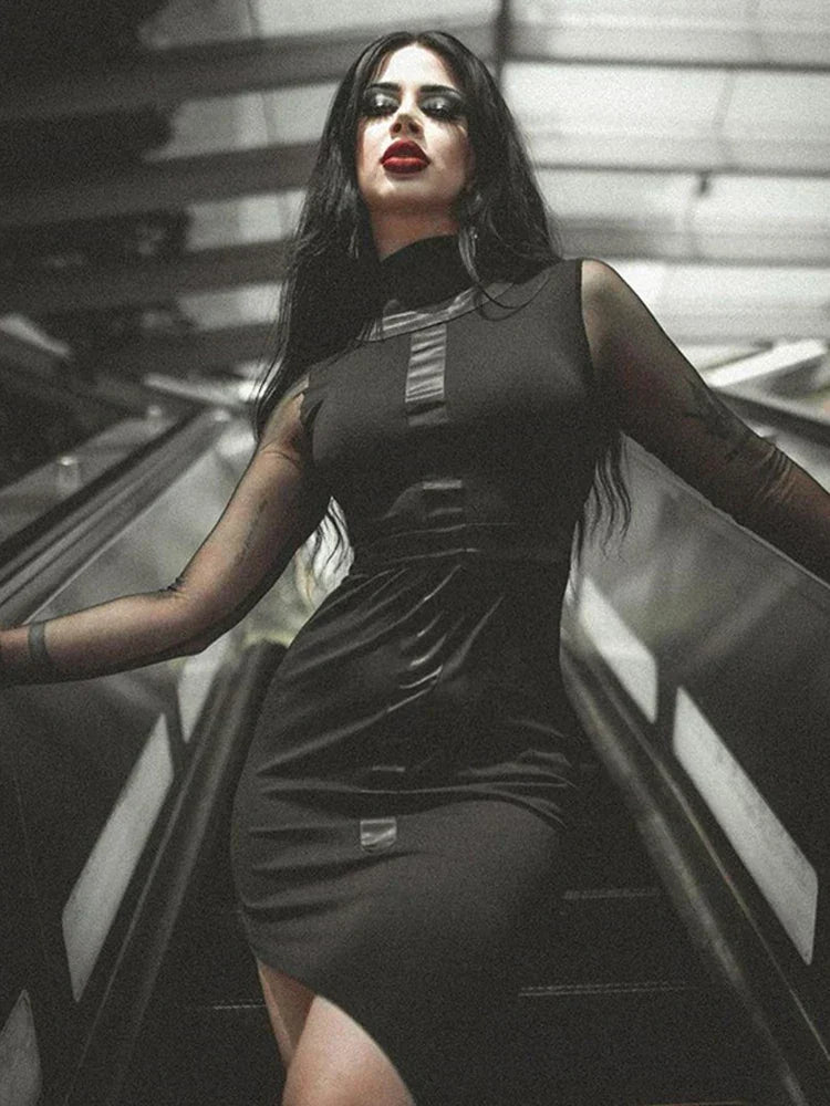 Mesh Long Sleeve High Neck Ruched Asymmetric Hem Bodycon Midi Dress - View 4