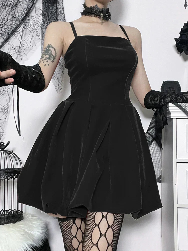 Velvet Solid Shirring High Waist Spaghetti Straps A-Line Dress - View 6