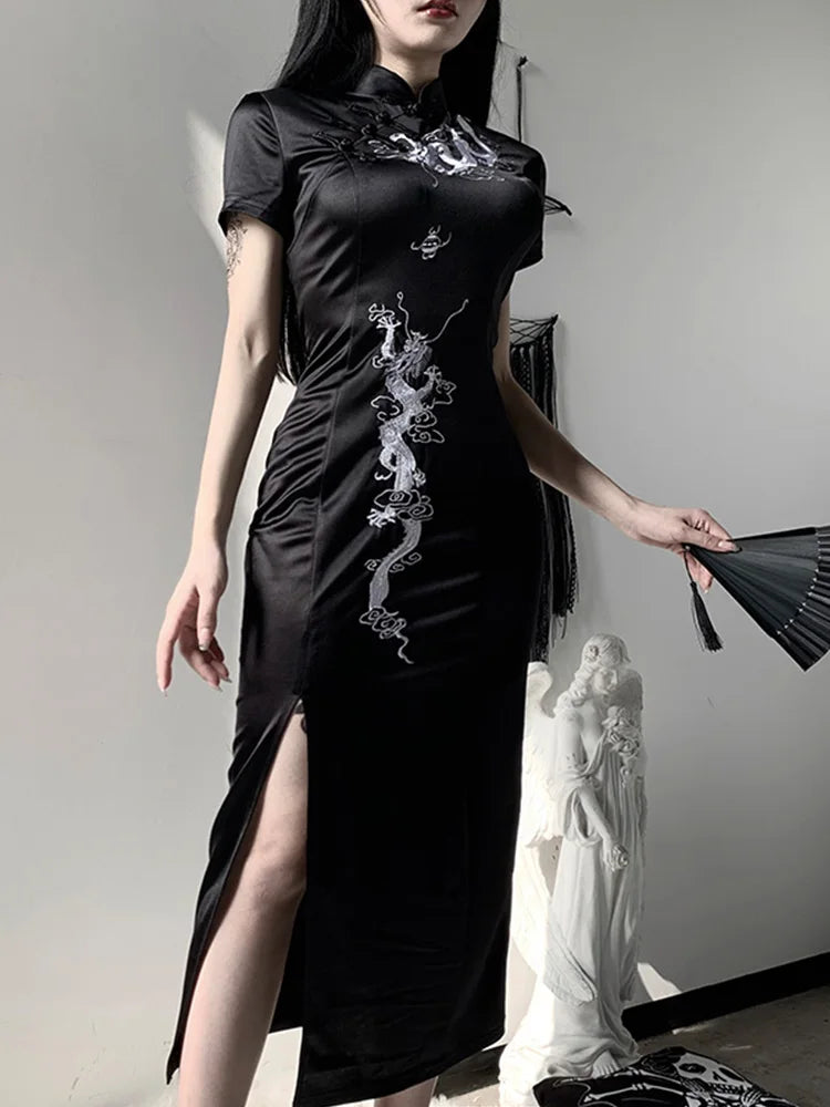 Dragon Embroidery Stand Collar Frog Button Short Sleeve Cheongsam Mini Dress - View 3
