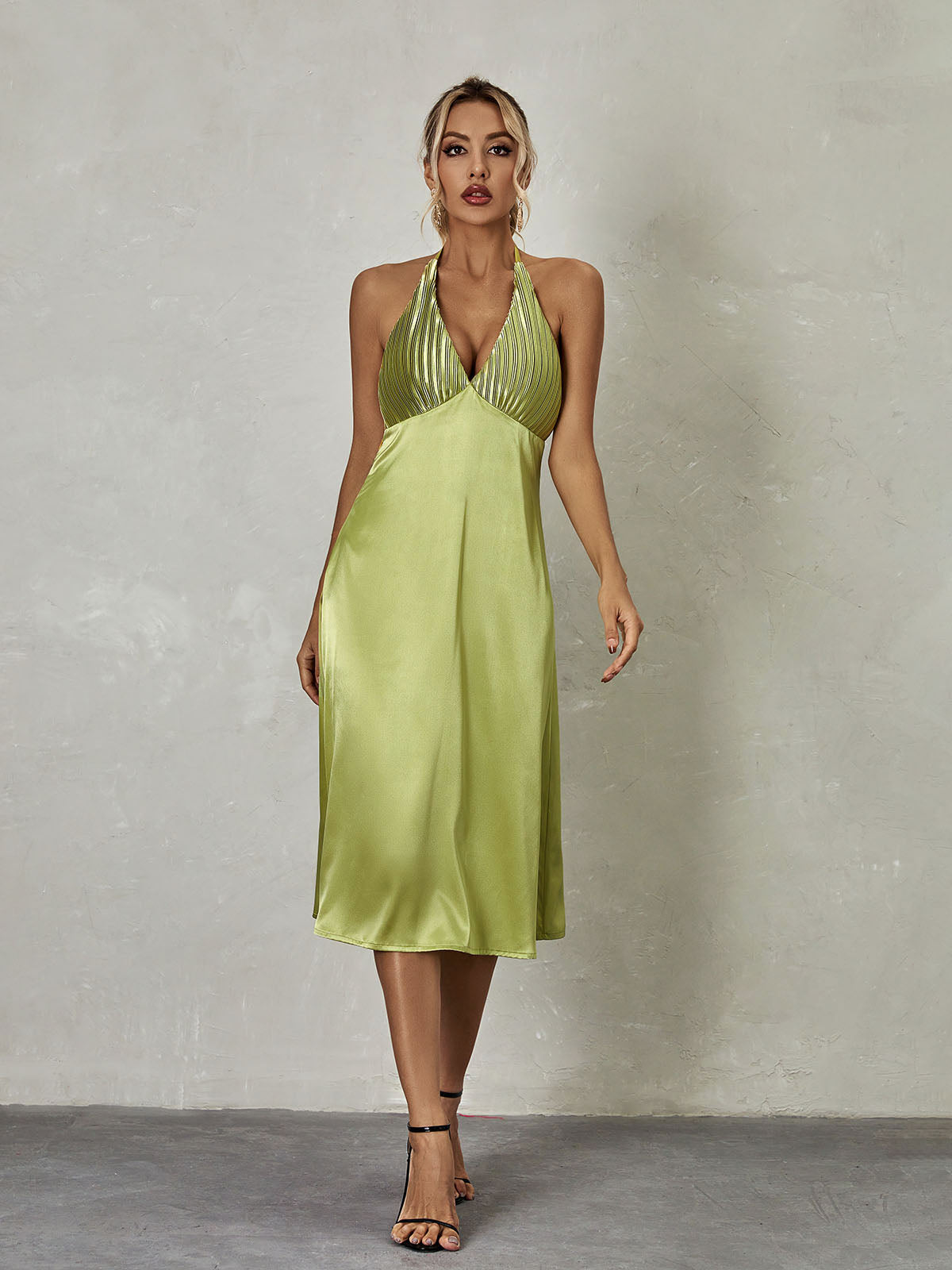 Satin Halter Neck Plunge Backless A-Line Midi Dress