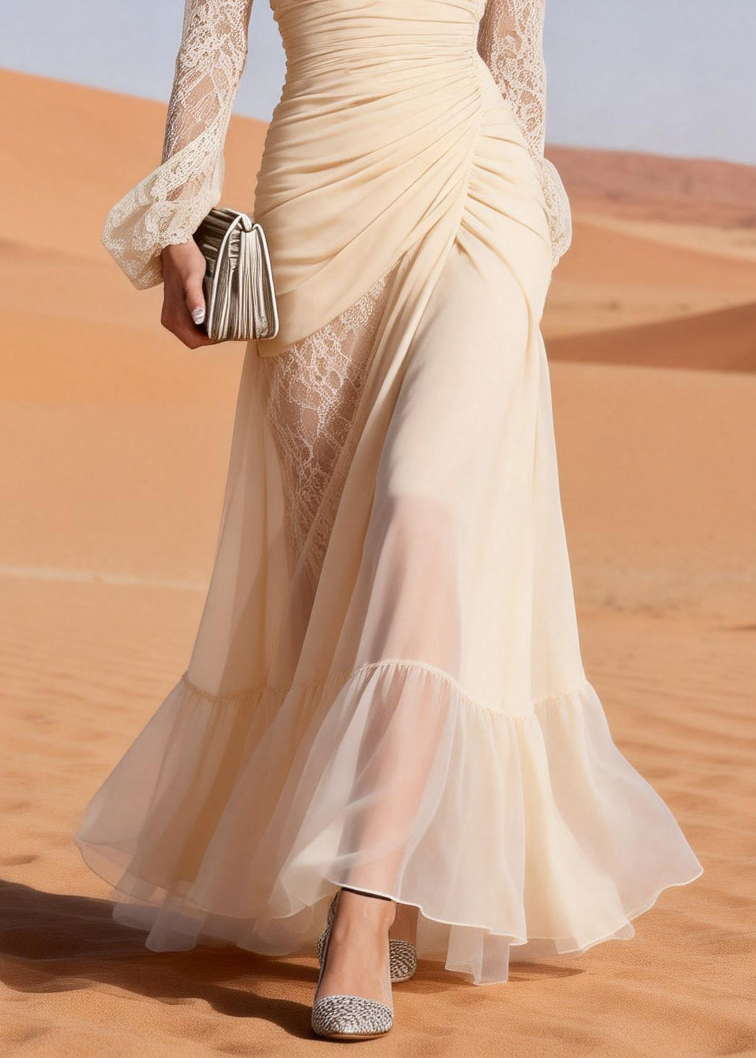 Lace Trim Deep V-Neck Ruched Wrap Long Sleeve Sheer Maxi Gown - View 4