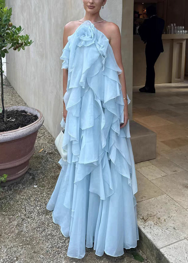 Italian Blue Backless Solid Chiffon Spaghetti Strap Dress Sleeveless - View 3
