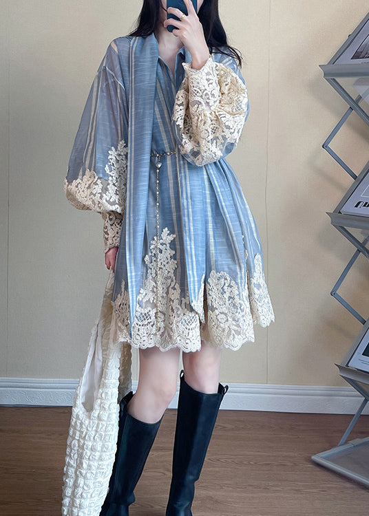 Vertical Stripe Print Deep V-Neck Lace Trim Flared Sleeve Mini Dress - View 4