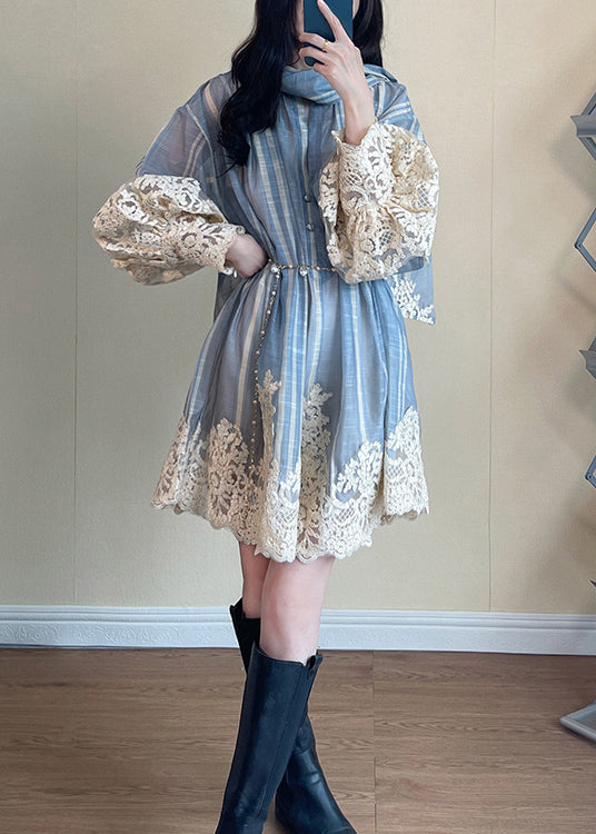 Vertical Stripe Print Deep V-Neck Lace Trim Flared Sleeve Mini Dress - View 5