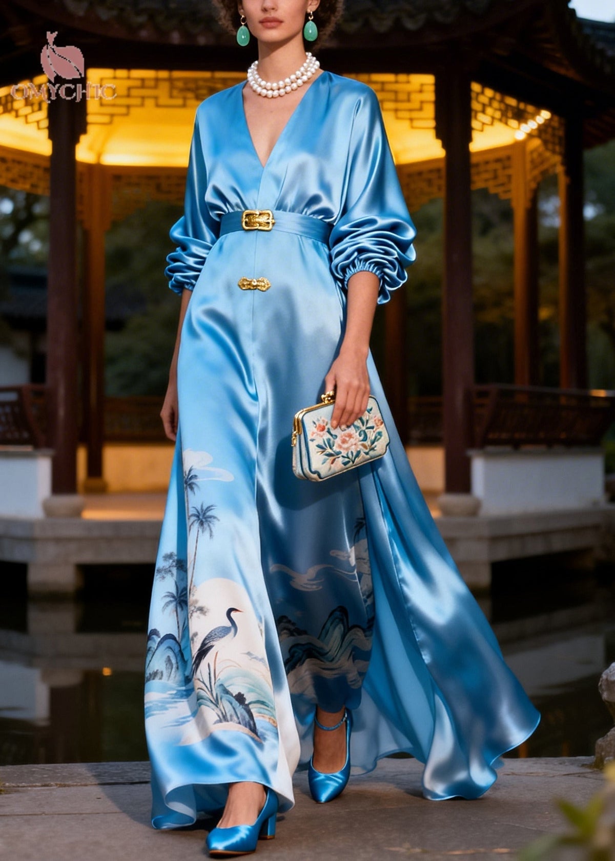 Satin Crane Landscape Print V-Neck Balloon Sleeve Maxi Dress - View 3