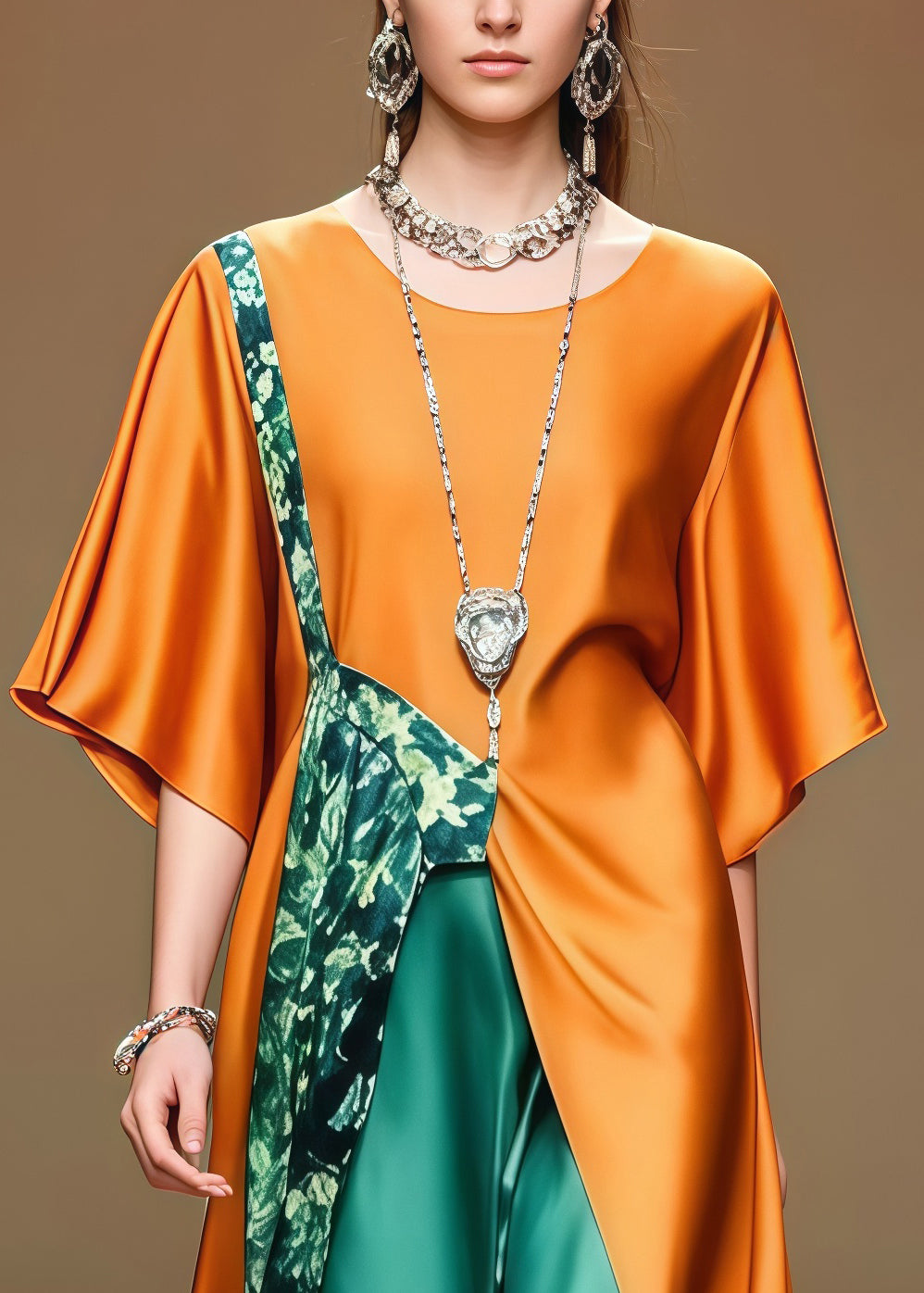 Round Neck Short Sleeve Floral Patchwork Satin Maxi Dress - View 2