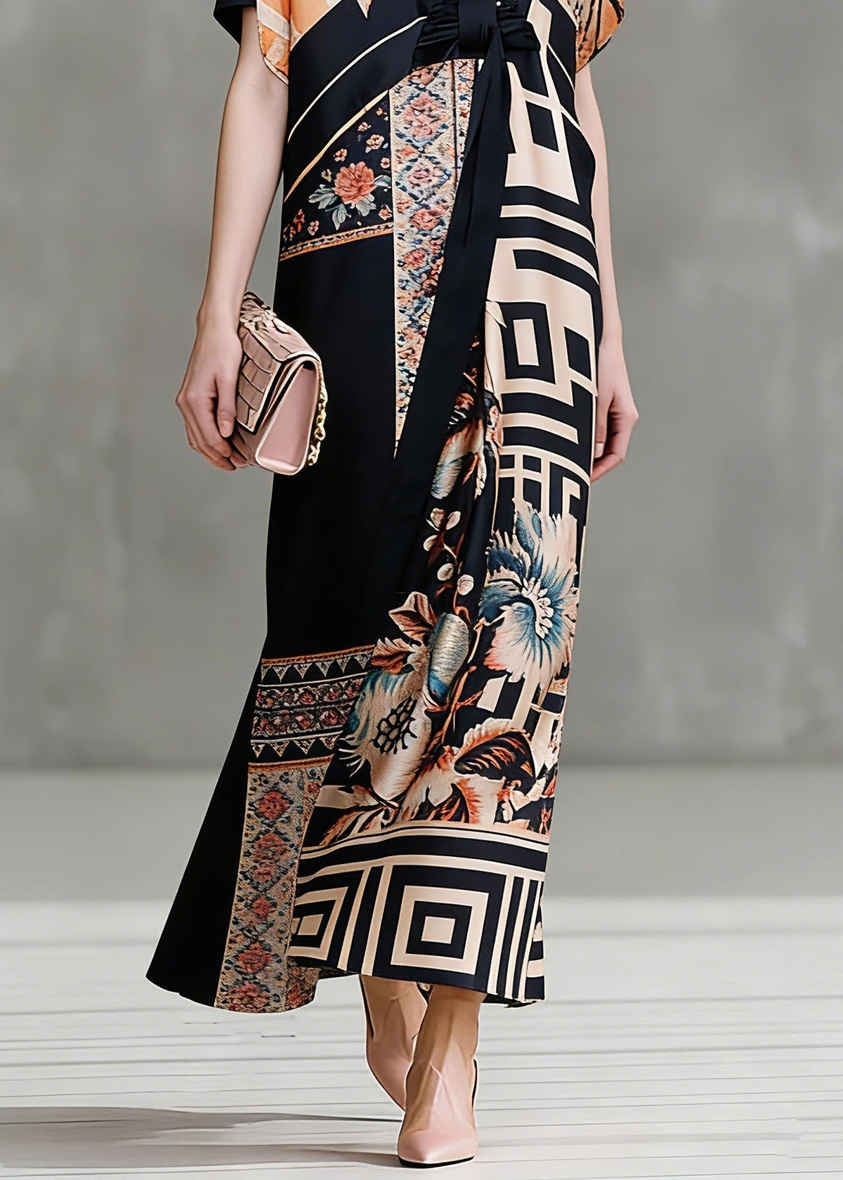 Floral Geometric Print Wrap Deep V-Neck Kimono Sleeve Tie Waist Maxi Gown - View 4