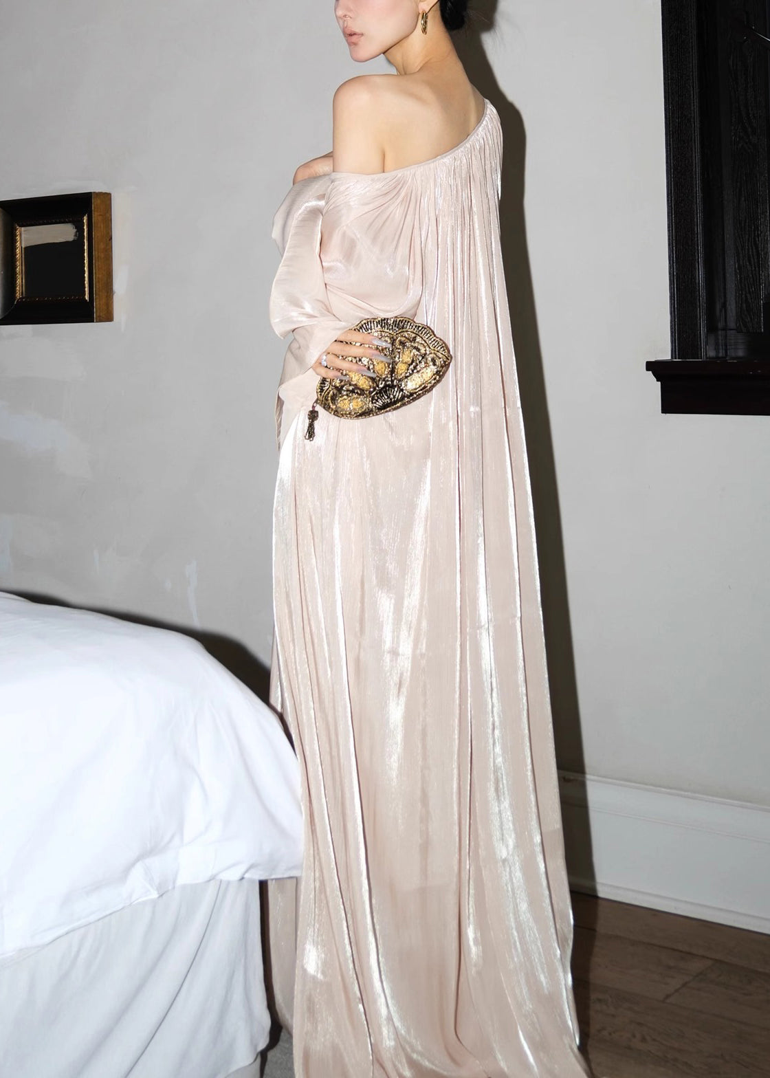 Metallic Micro Pleat Deep V-Neck Long Sleeve Floor Length Gown - View 5