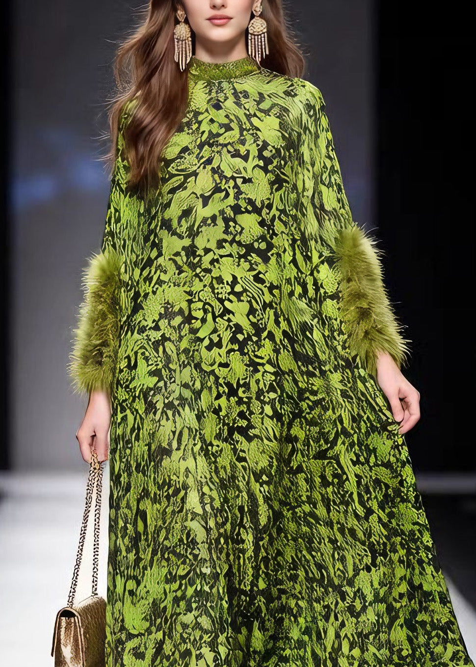 Italian Green Print Fur Patchwork Chiffon Maxi Dresses Spring - View 2
