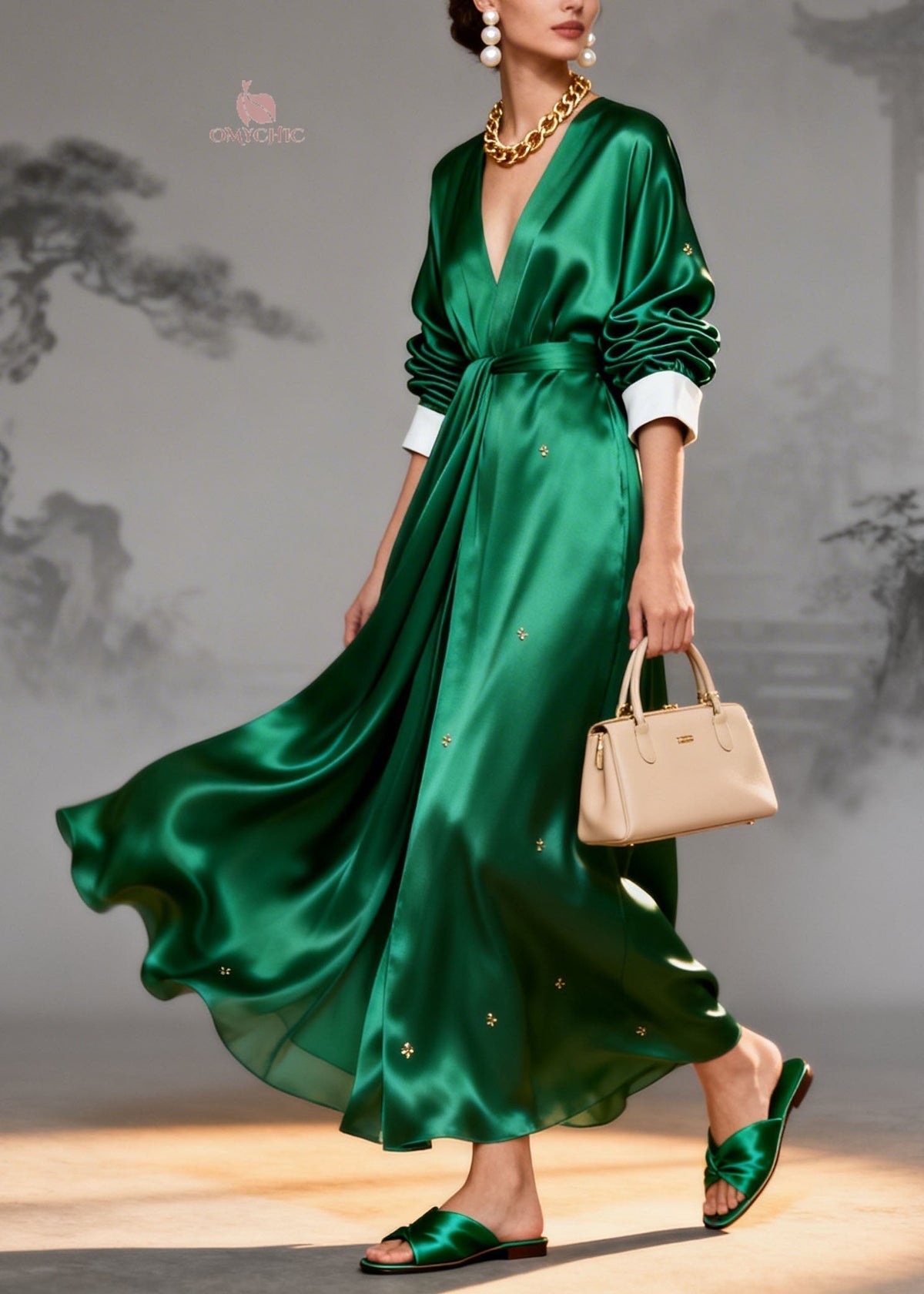 Satin Wrap Deep V-Neck Contrast Cuff Long Sleeve Maxi Gown