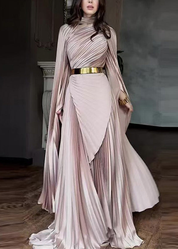 Pleated High Neck Cape Sleeve Belted Asymmetrical Maxi Gown
